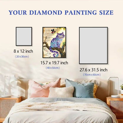 The Cheshire Cat diamond painting framed on a wall with size comparison for clear scale reference – FEELOOK Art

