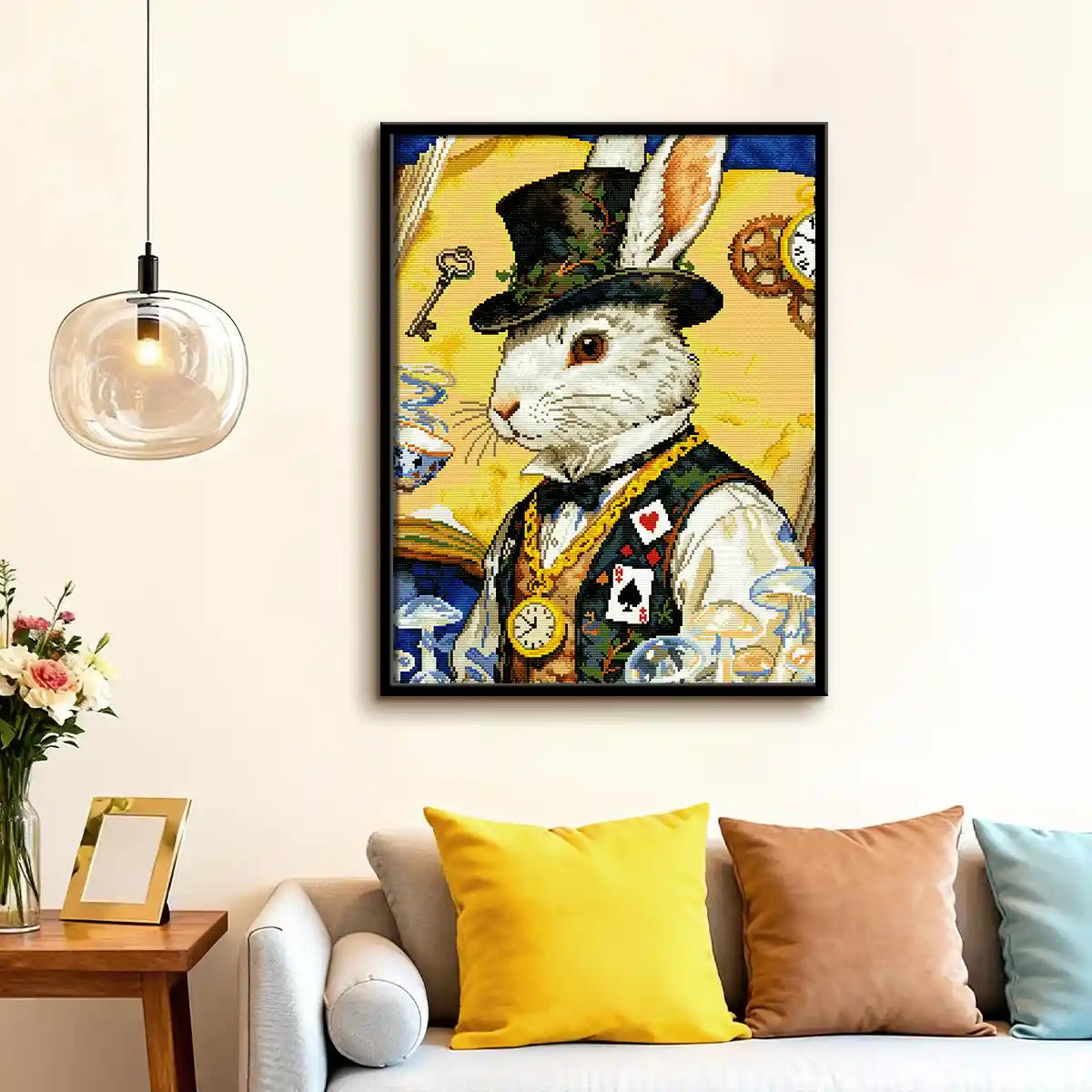 The Gentleman Rabbit diamond painting displayed in a reading nook, adding elegance, fantasy charm, and vintage warmth – FEELOOK Art