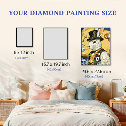 The Gentleman Rabbit diamond painting shown framed on a wall with size indicators, helping visualize scale in home décor – FEELOOK Art
