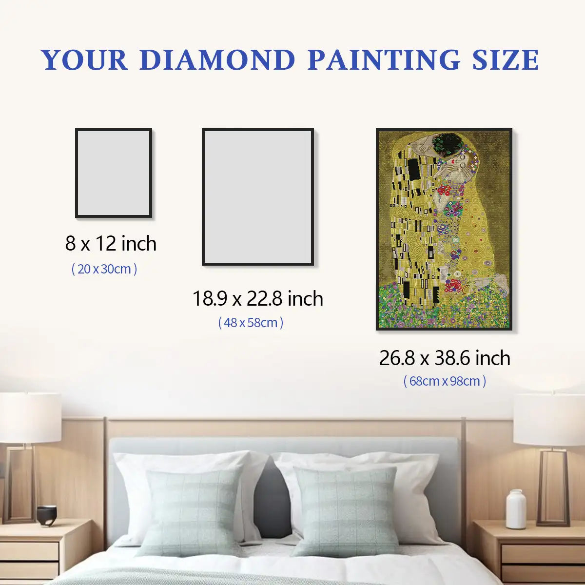 The Kiss diamond painting size comparison chart for luxurious bedroom and elegant wall décor inspiration - FEELOOK Art