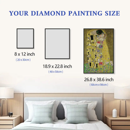 The Kiss diamond painting size comparison chart for luxurious bedroom and elegant wall décor inspiration - FEELOOK Art