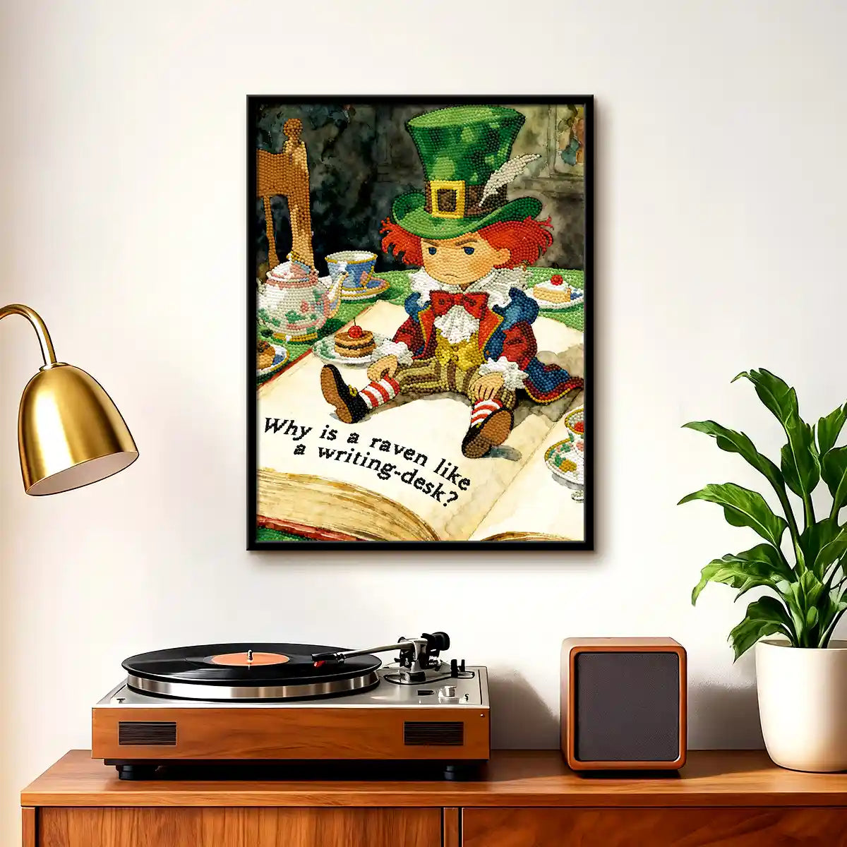 The Mad Hatter diamond painting displayed in a cozy living room, adding whimsical fantasy charm and artistic personality – FEELOOK Art