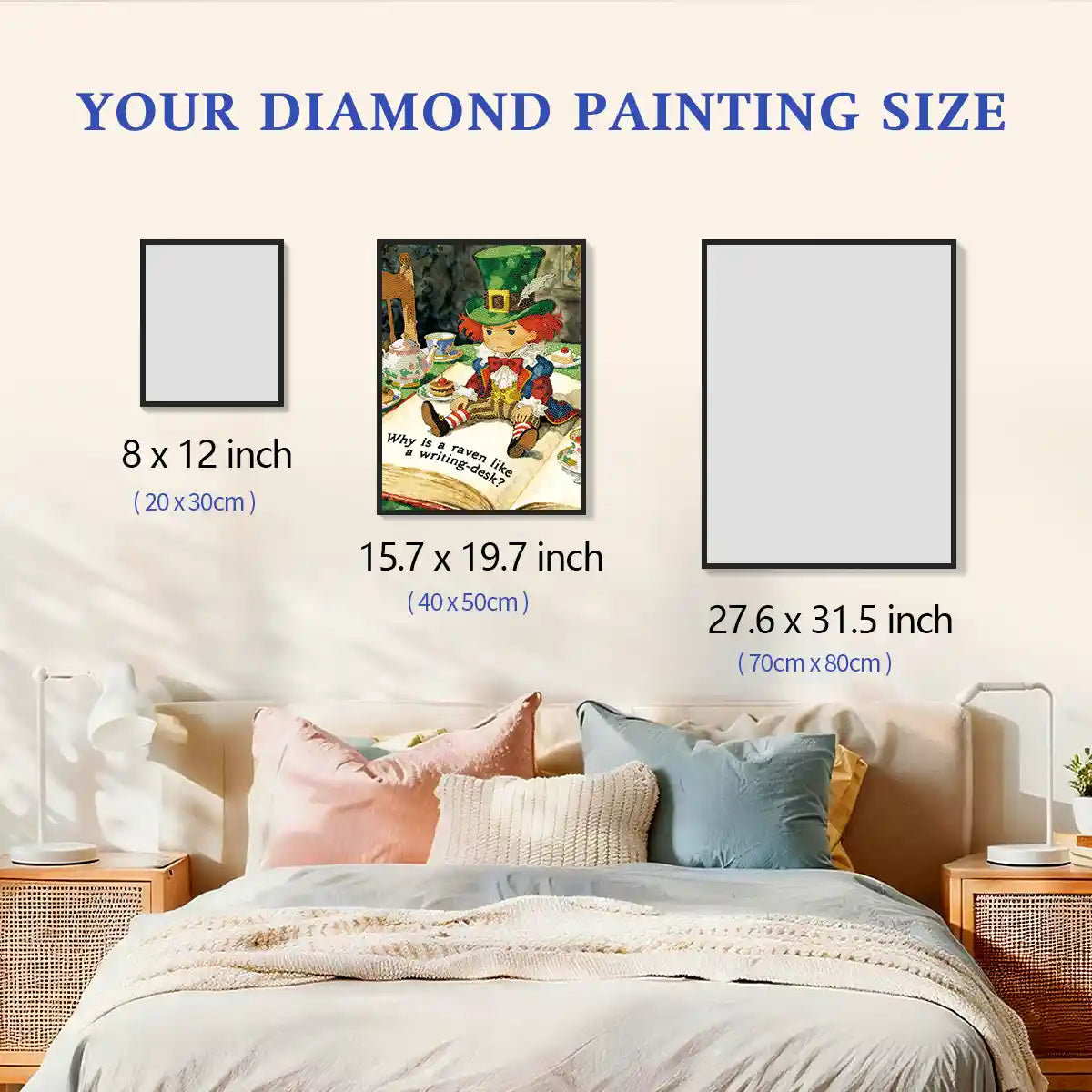 The Mad Hatter diamond painting framed and displayed on a wall with size comparison, shown above furniture for clear scale reference – FEELOOK Art