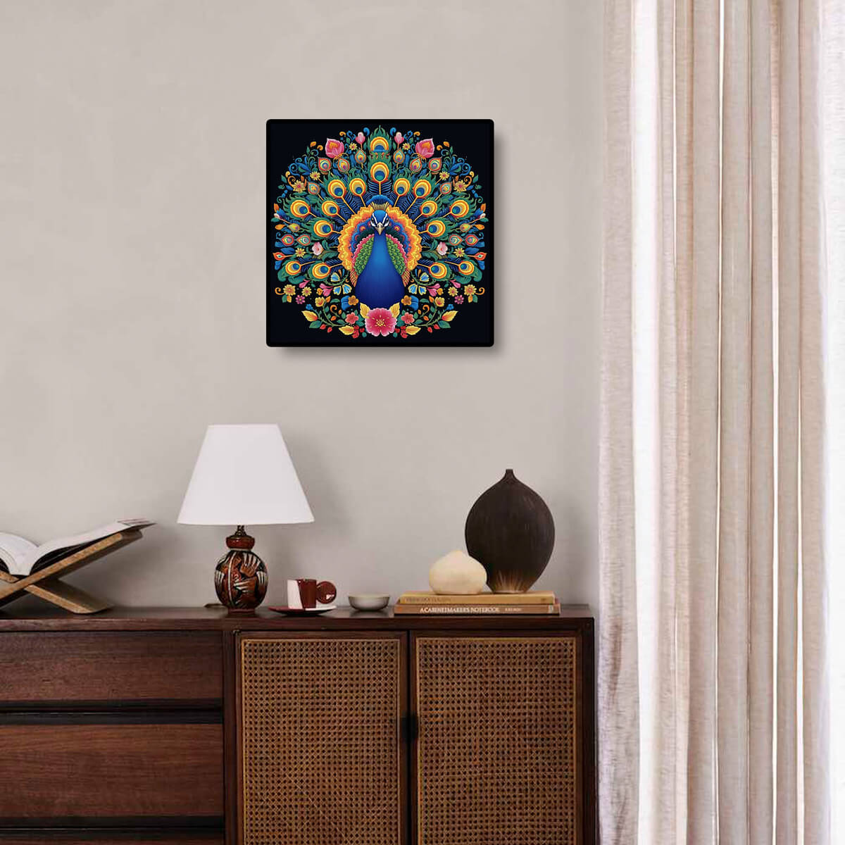 The Peacocks in Love diamond painting kit on display in a room, bringing a romantic and colorful vibe with diamond painting gems.