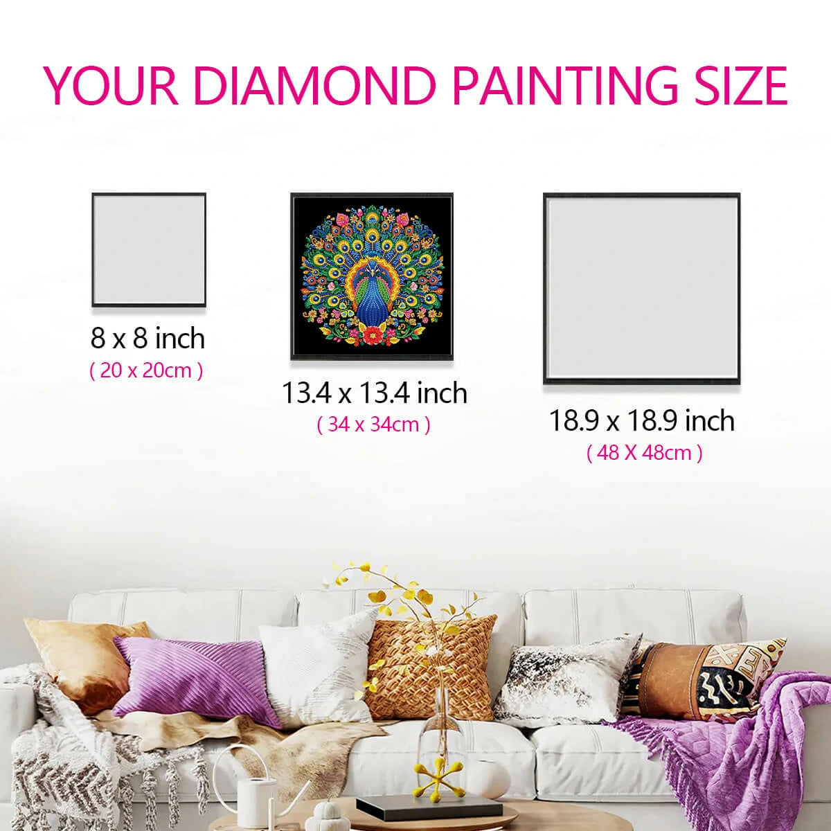 Size comparison for The Peacocks in Love diamond painting kit, showing how the artwork fits within a room with diamond art designs.