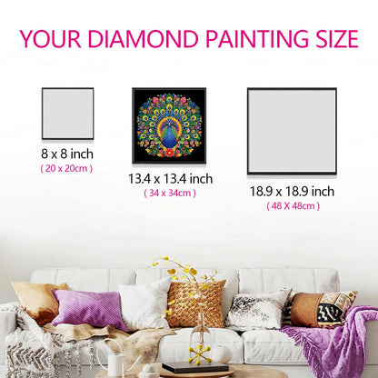 Size comparison for The Peacocks in Love diamond painting kit, showing how the artwork fits within a room with diamond art designs.
