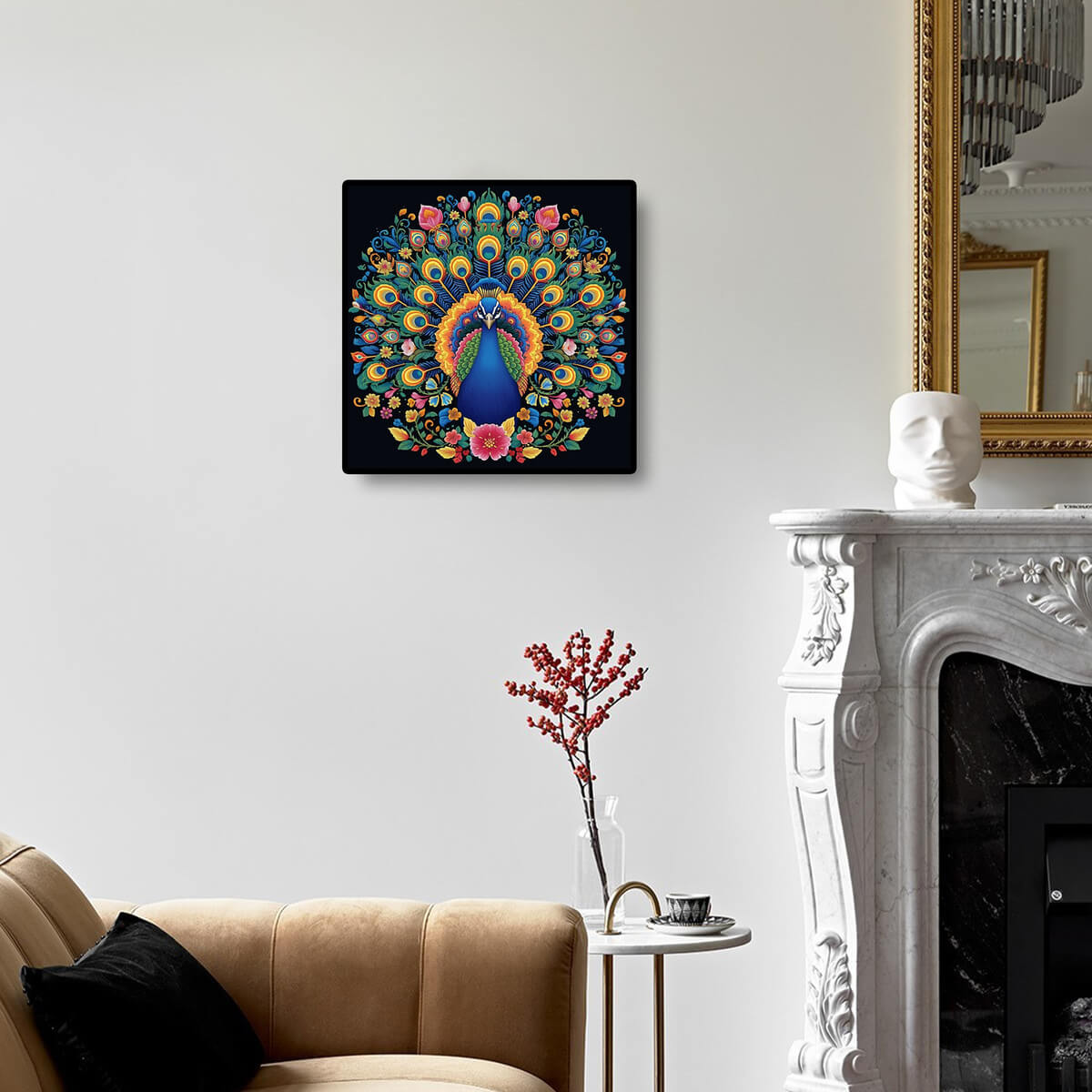 The Peacocks in Love diamond painting kit displayed as wall art, adding a romantic touch with brilliant diamond painting gems.