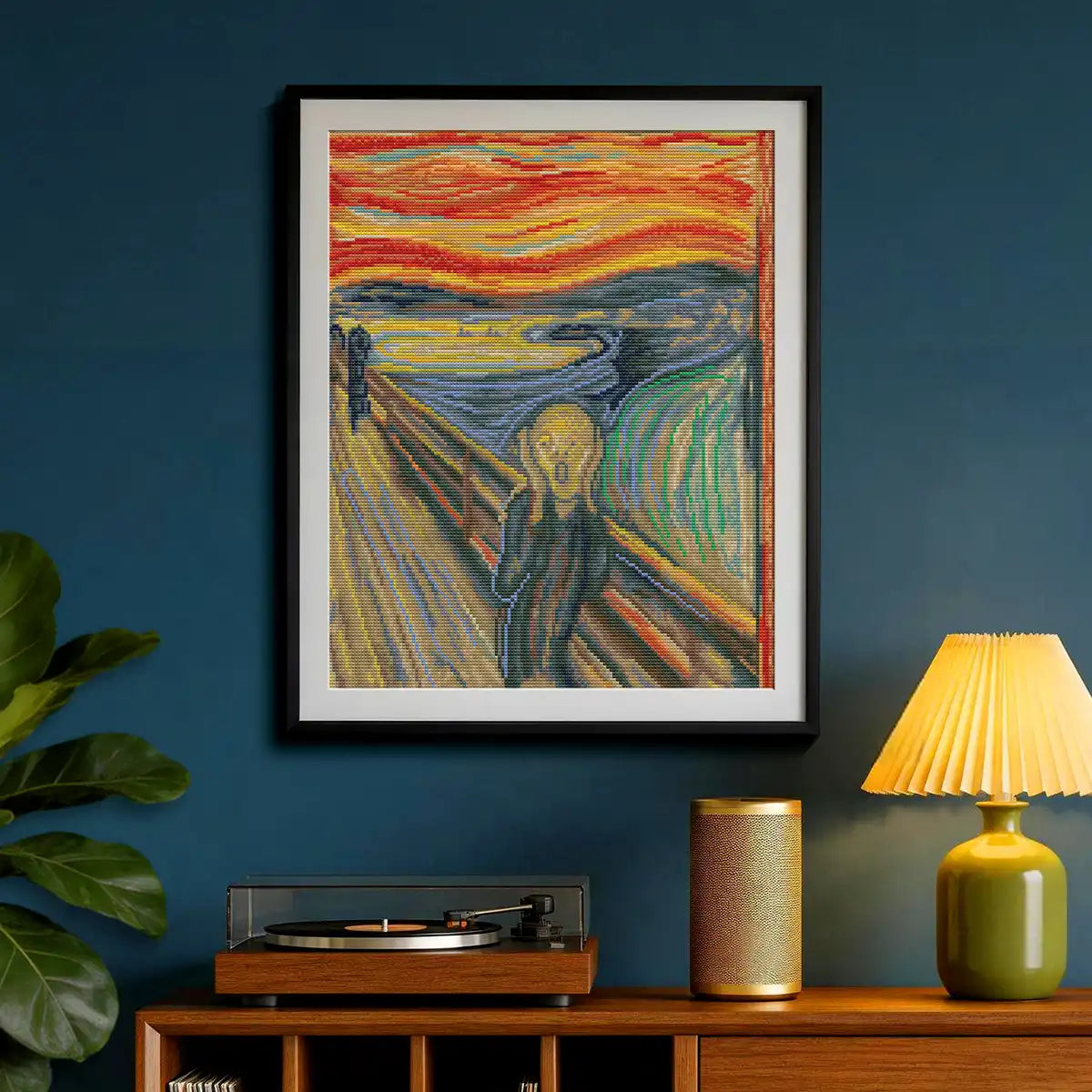 The Scream diamond painting showcased in contemporary living room with dramatic artistic atmosphere - FEELOOK Art