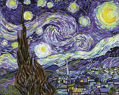 Rendered The Starry Night diamond art with vibrant stars and swirling sky.