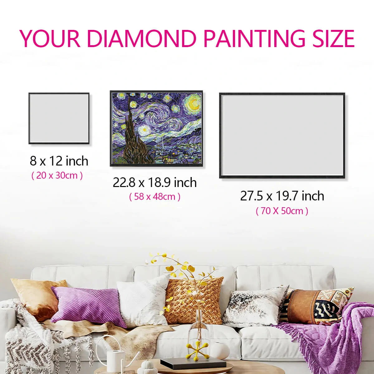 The Starry Night diamond art size guide shown on a living room wall.