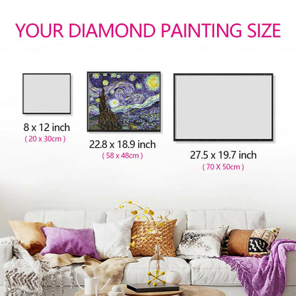 The Starry Night diamond art size guide shown on a living room wall.