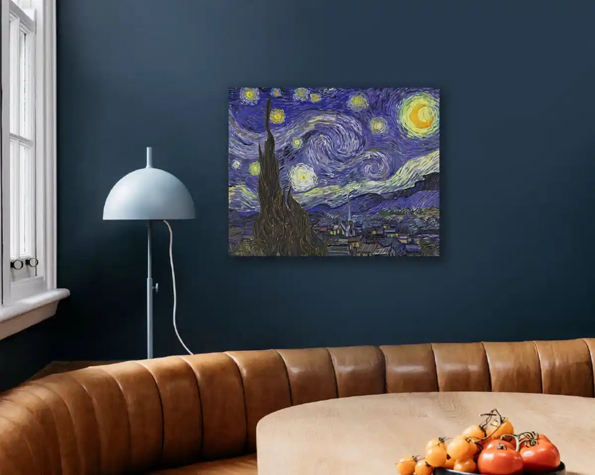 The Starry Night diamond painting on wall, perfect for art lovers.