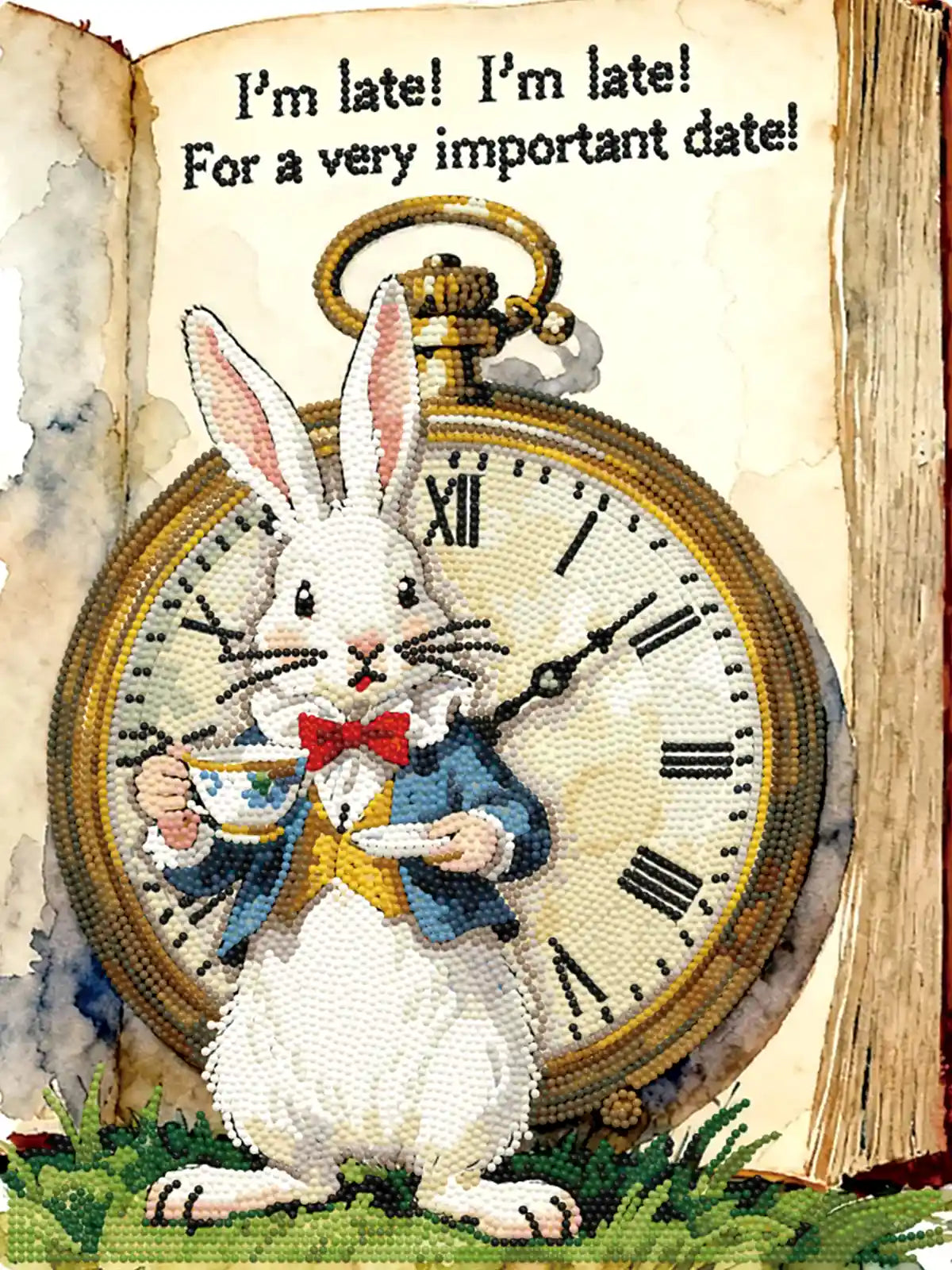 Finished The White Rabbit diamond painting highlighting sparkling details and whimsical Wonderland character design – FEELOOK Art