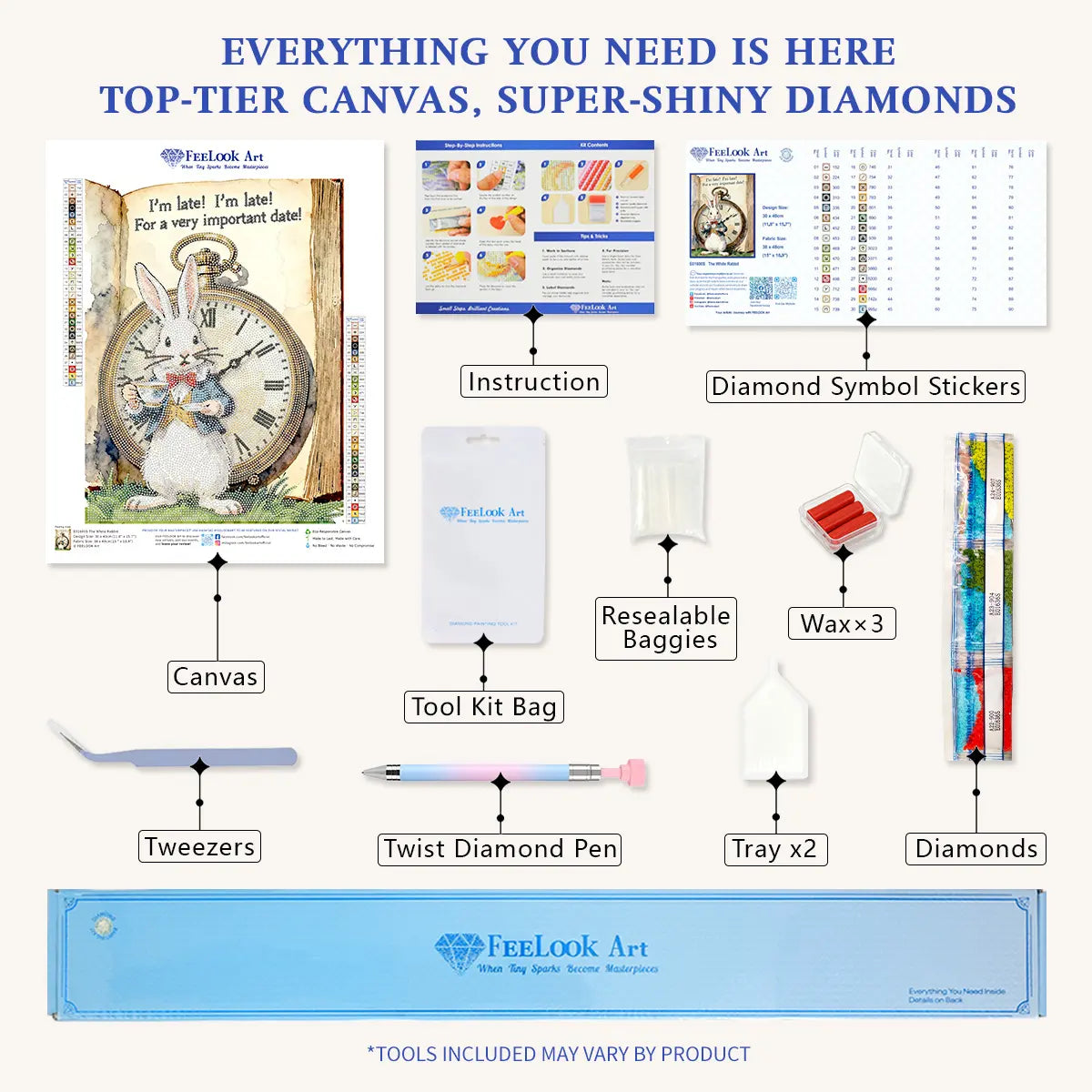 Diamond painting kit contents for The White Rabbit including drills, canvas, tray, pen, and wax – FEELOOK Art
