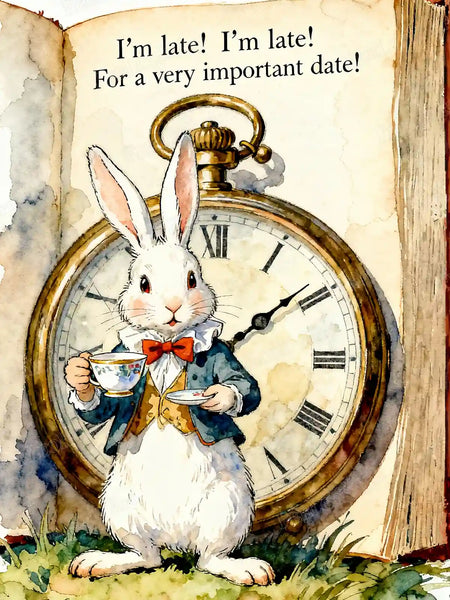 The White Rabbit diamond painting inspired by Alice in Wonderland, featuring the iconic rabbit with a pocket watch – FEELOOK Art