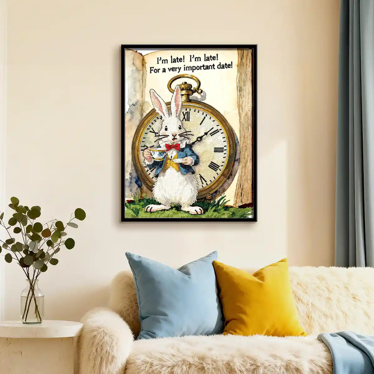 The White Rabbit diamond painting displayed in a bright interior, adding a playful fairy tale touch – FEELOOK Art