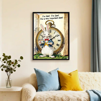 The White Rabbit diamond painting displayed in a bright interior, adding a playful fairy tale touch – FEELOOK Art