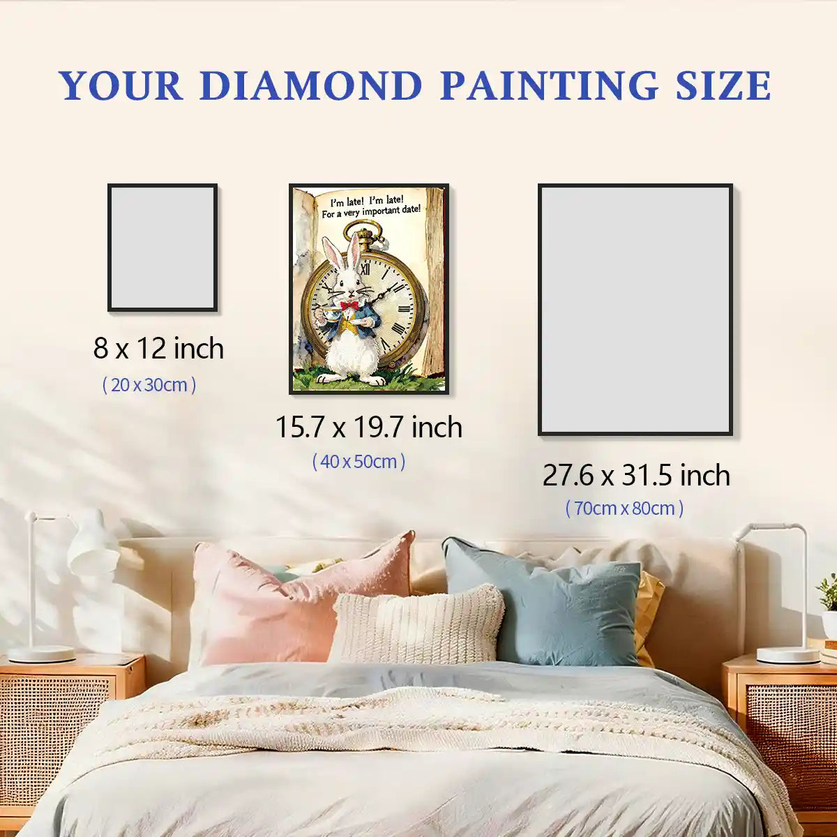 The White Rabbit diamond painting framed and hung on a wall with size indicators for easy scale comparison – FEELOOK Art