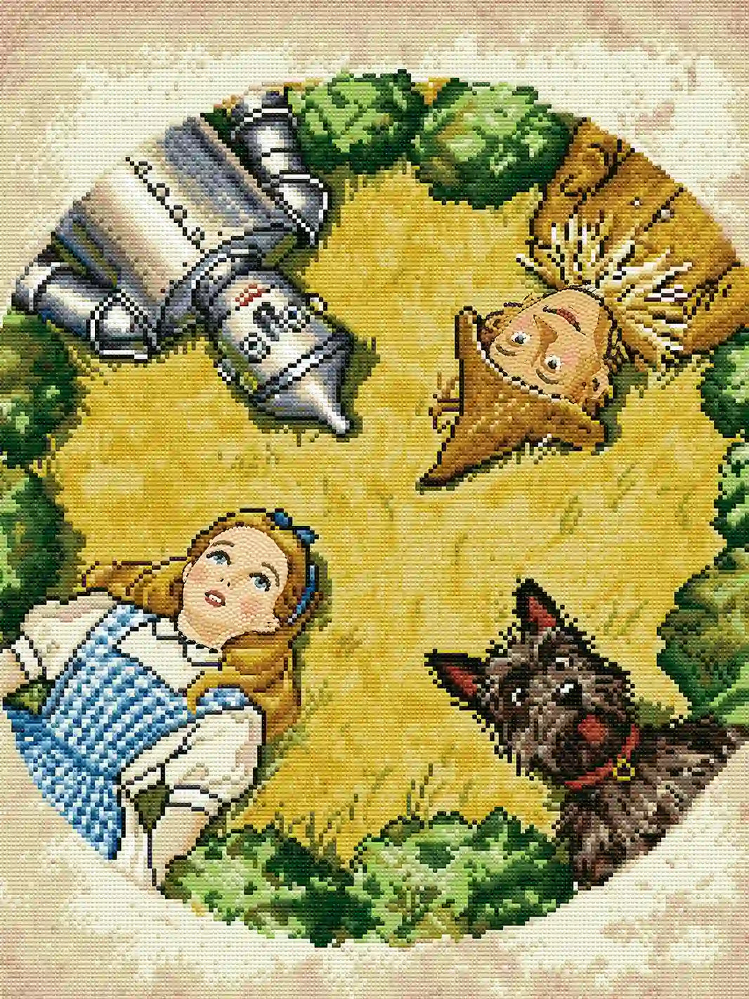 Finished The Wizard of Oz diamond art showcasing pastel hues, glittering grass drills, and a whimsical group illustration – FEELOOK Art