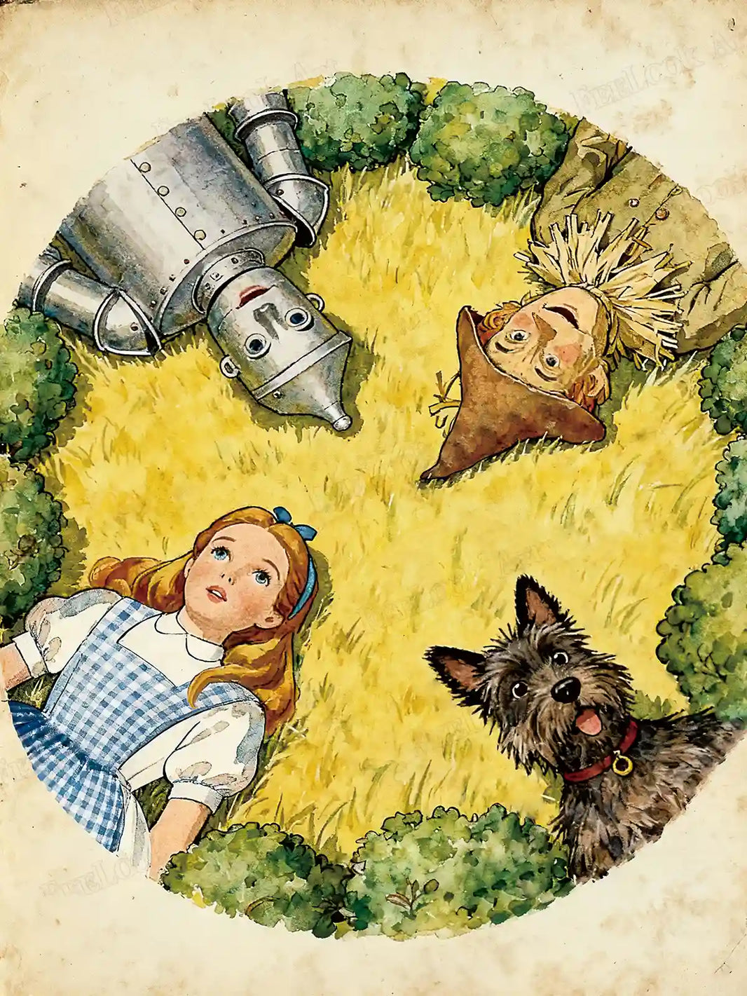 The Wizard of Oz diamond painting featuring a circular watercolor design of Dorothy, Toto, Scarecrow and Tin Man in a meadow – FEELOOK Art