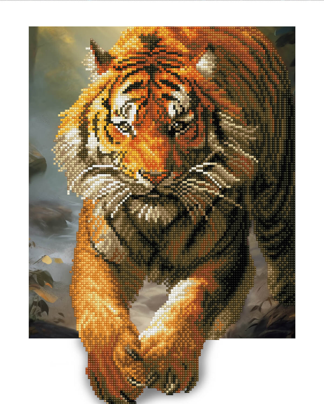 Rendered view of the Tiger diamond painting canvas, bringing out the stunning realism of the tiger’s fierce expression and fur details in full color.