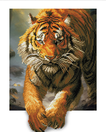 Rendered view of the Tiger diamond painting canvas, bringing out the stunning realism of the tiger’s fierce expression and fur details in full color.
