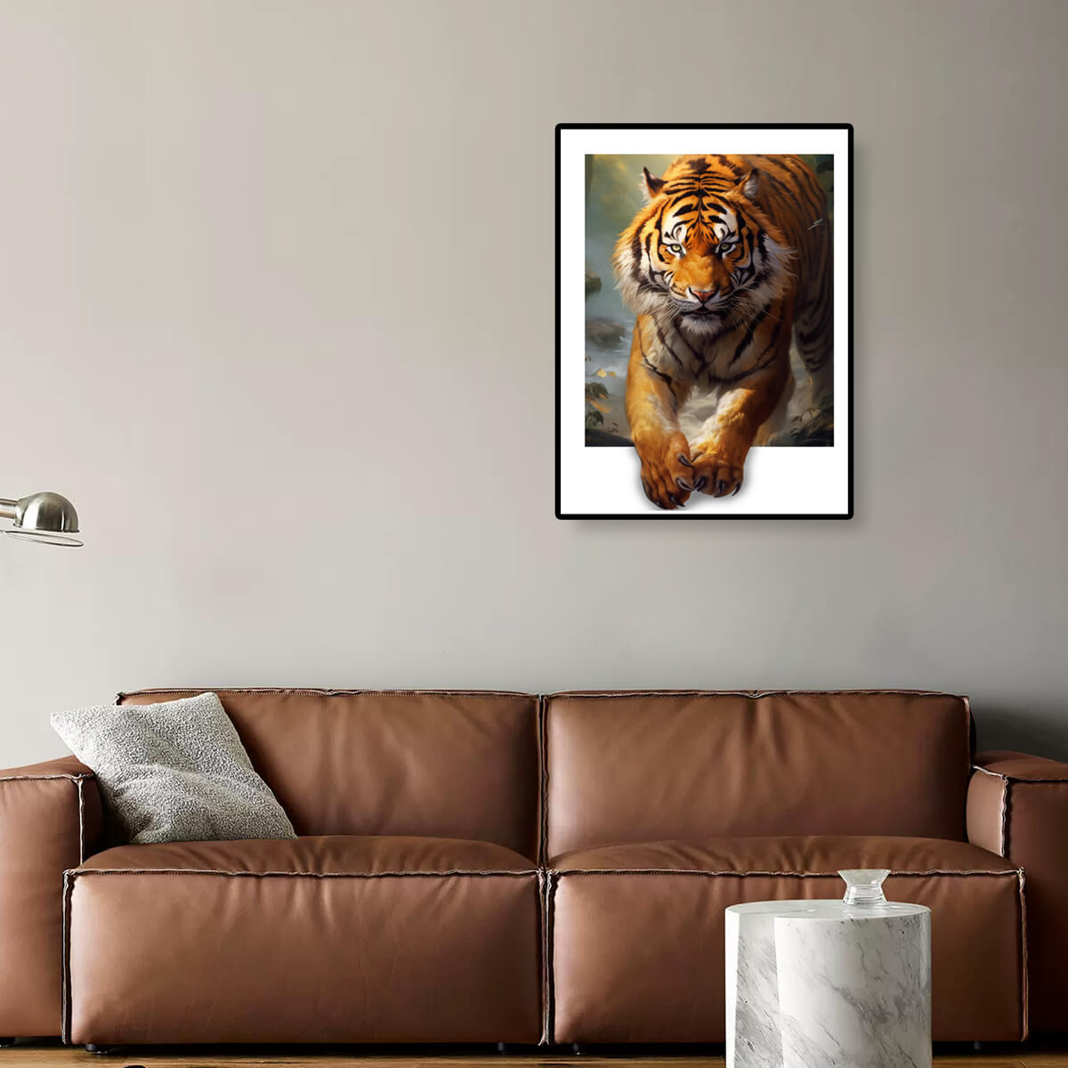 Tiger diamond painting on the wall, ideal for adding an energetic and wild touch to your room decor, showcasing the fierce and majestic animal.