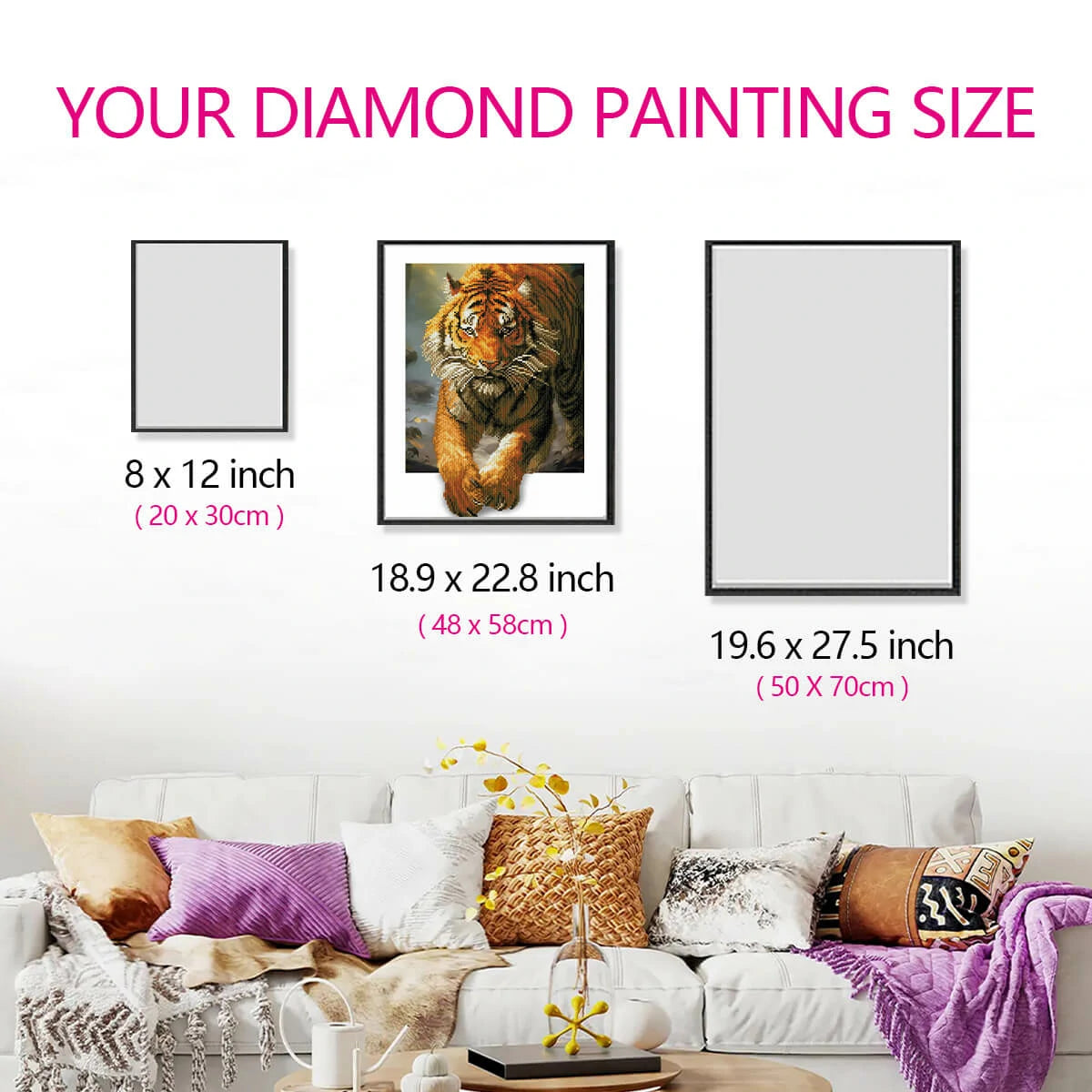 Size guide for the Tiger diamond painting canvas, showing how this stunning artwork fits perfectly in different room sizes, ideal for animal lovers.