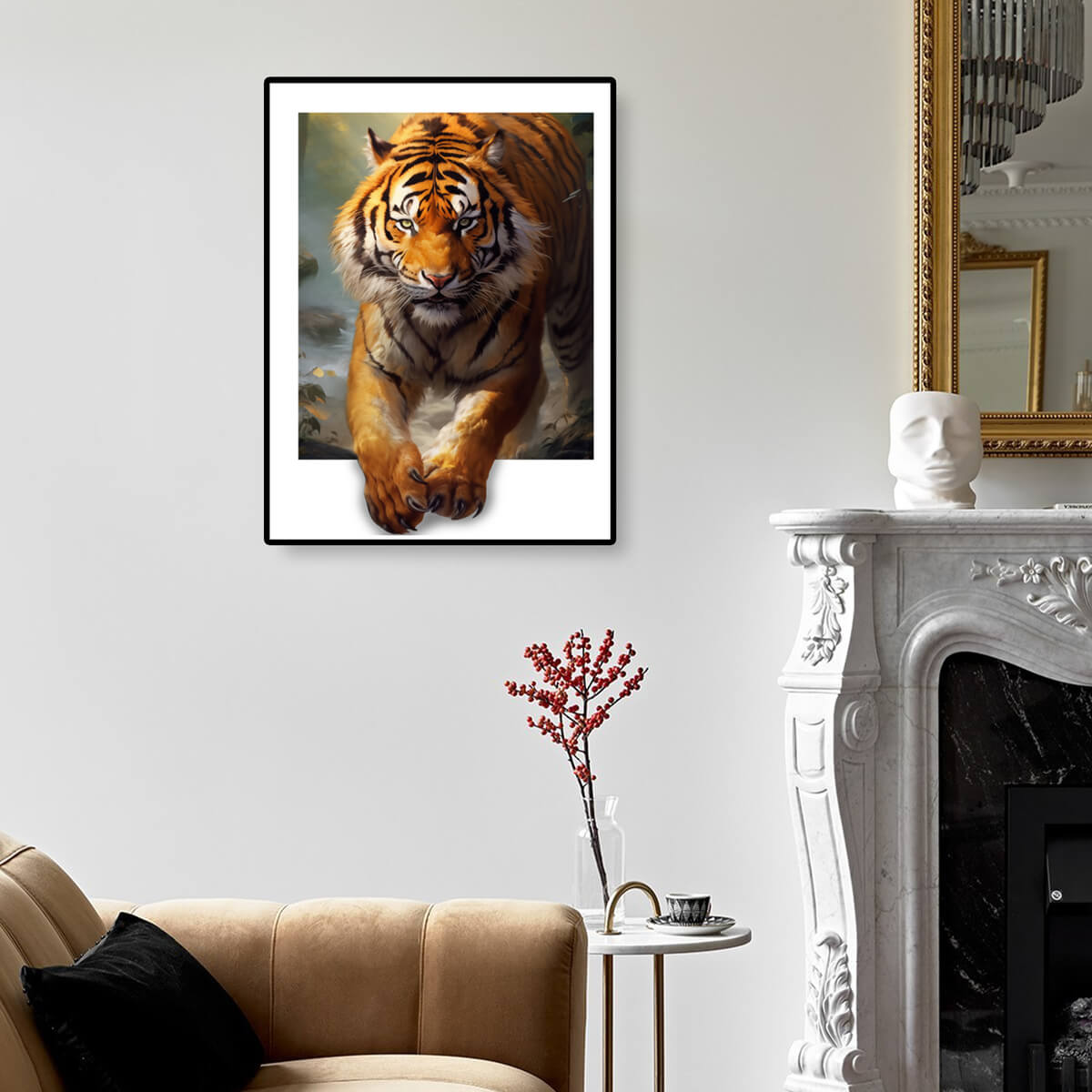 Tiger diamond art kit displayed on the wall, capturing the power and beauty of the tiger, perfect for diamond painting home decor.