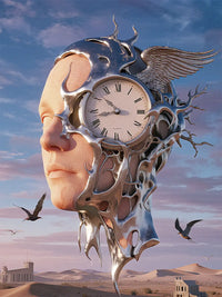 Time Face 5D diamond painting kit with surreal clock portrait, silver mask, wings and desert sky - FEELOOK Art
