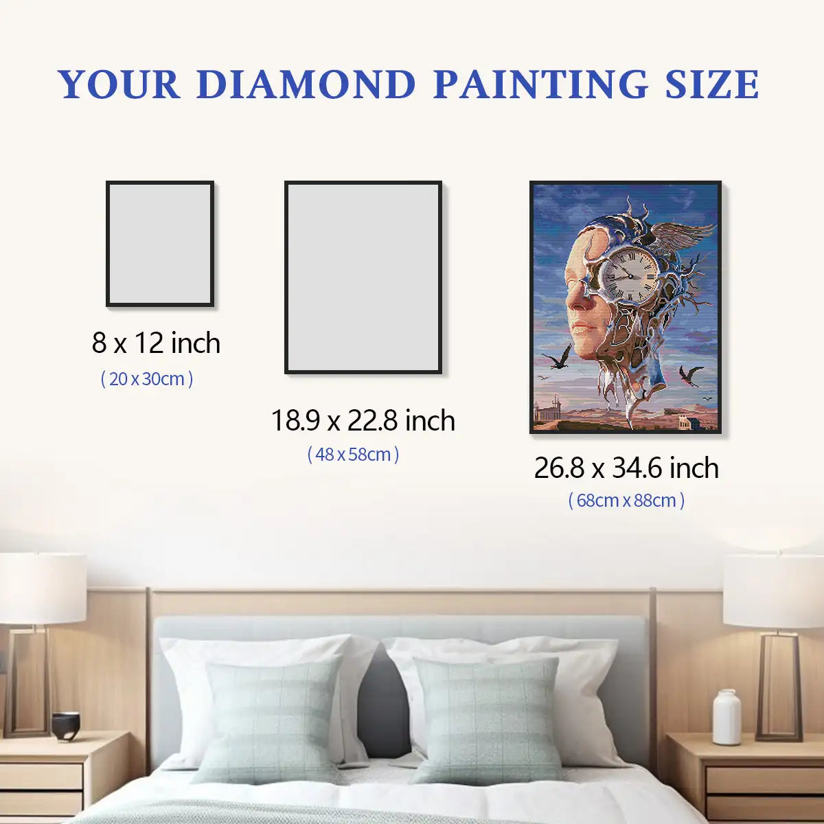 Time Face 5D diamond painting size chart showing surreal clock face artwork scale for wall decor - FEELOOK Art