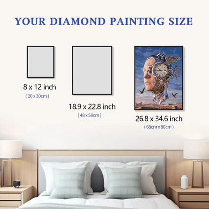 Time Face 5D diamond painting size chart showing surreal clock face artwork scale for wall decor - FEELOOK Art