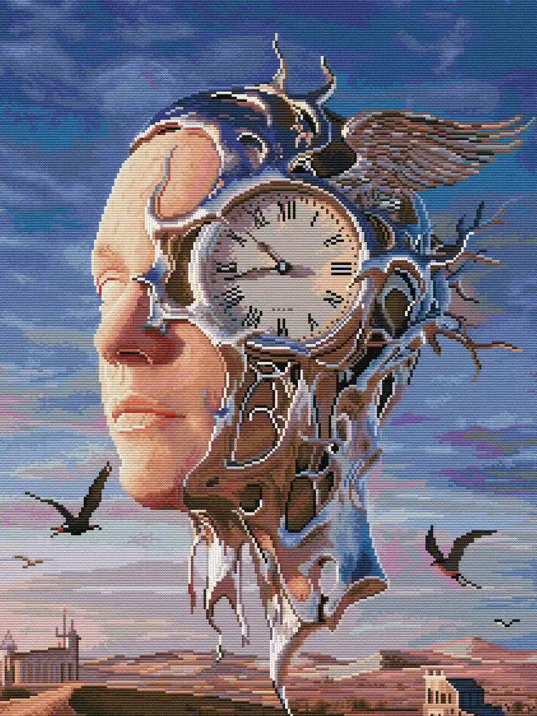 Finished Time Face diamond art kit with full drill resin diamonds and AB sparkle on surreal clock art - FEELOOK Art