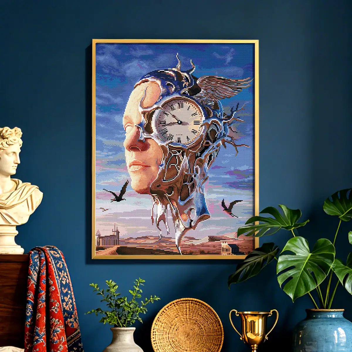 Time Face diamond painting kit displayed as mystical fantasy wall art with metallic clock details - FEELOOK Art