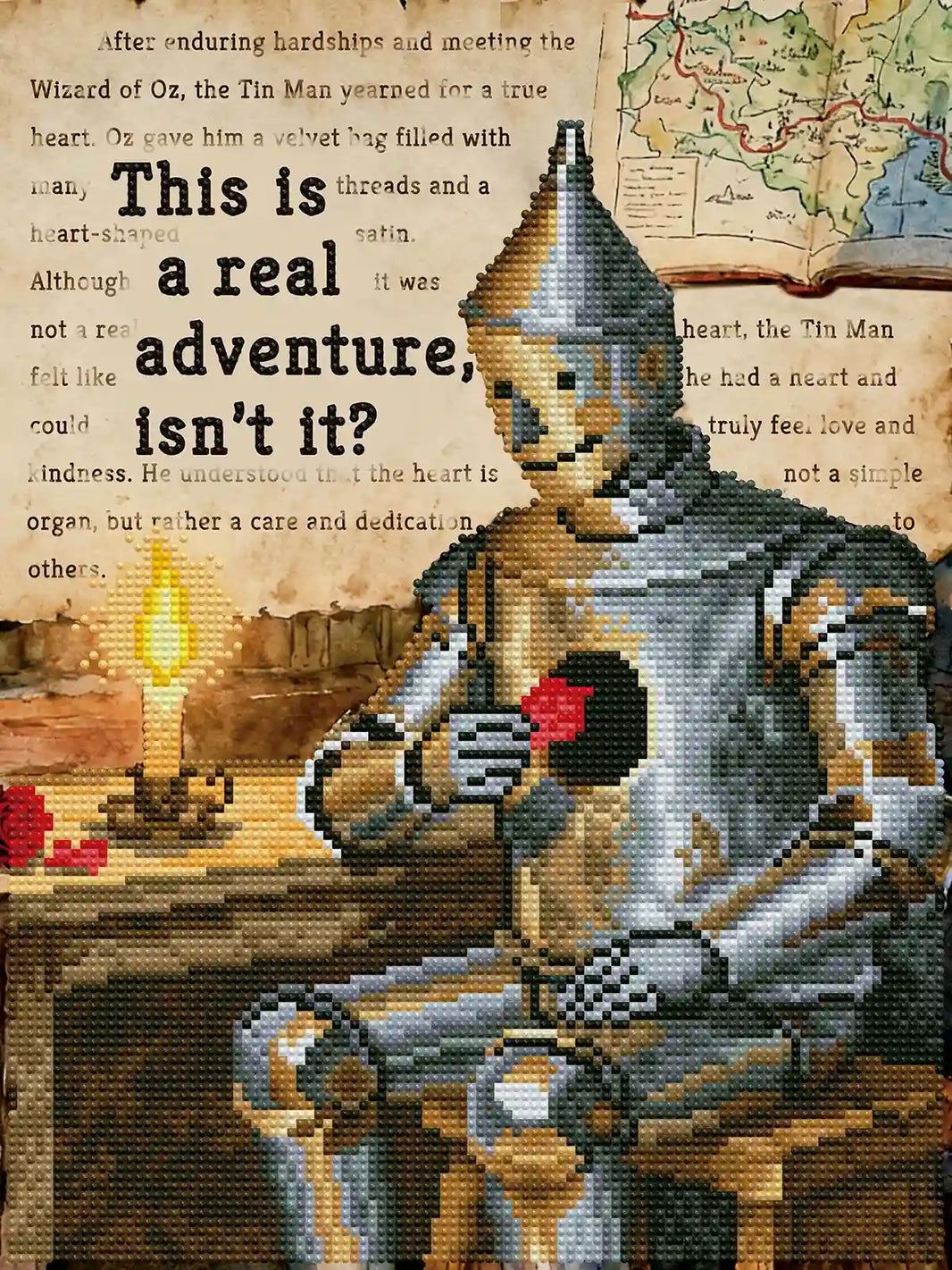 Finished Tin Man diamond art highlighting metallic silver drills, warm candle tones, and a heartfelt Wizard of Oz illustration – FEELOOK Art