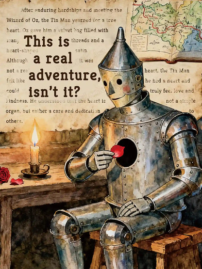 Tin Man diamond painting featuring a watercolor-style Wizard of Oz character with a red rose and "real adventure" quote – FEELOOK Art