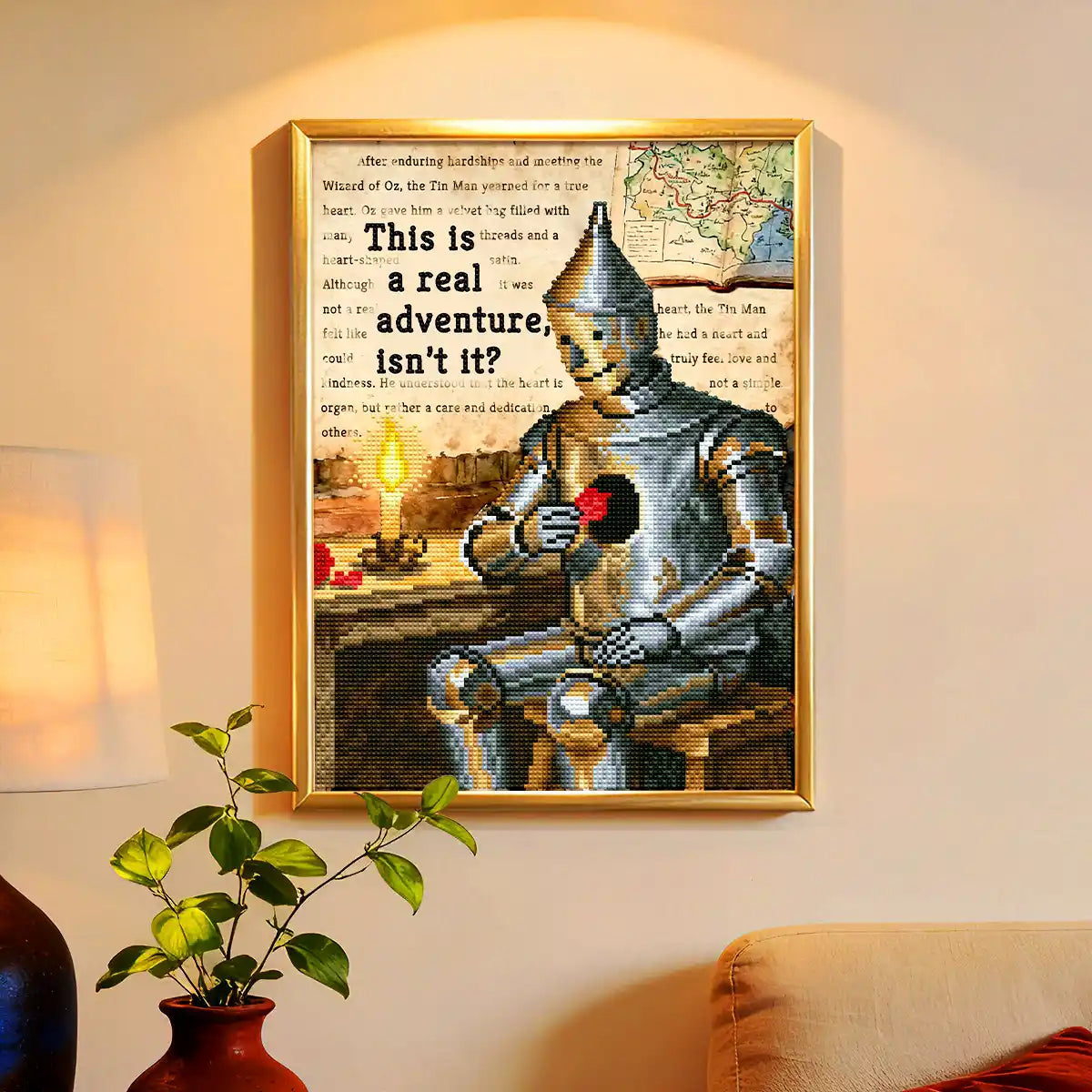 Tin Man diamond painting displayed in a warm living room, adding heartfelt charm and Wizard of Oz magic – FEELOOK Art