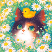 Top Friend 5D diamond painting kit with cute kitten, yellow chick, white daisies and fresh animal art - FEELOOK Art