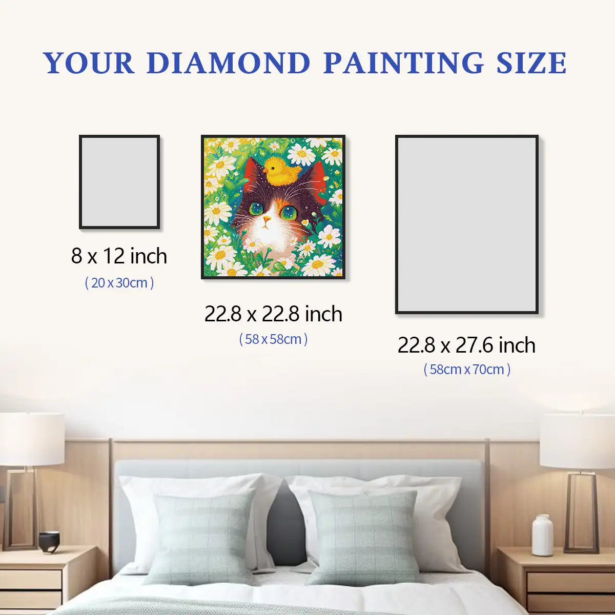 Top Friend 5D diamond painting size chart showing cute animals artwork scale for home wall decor - FEELOOK Art