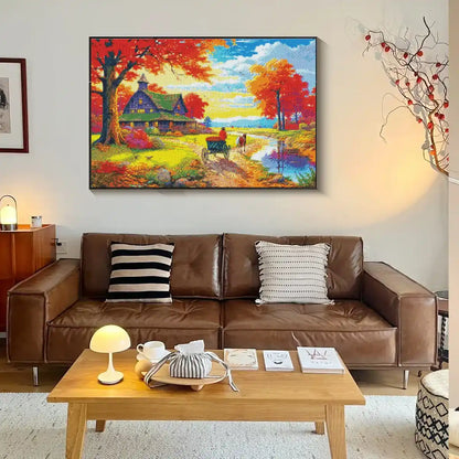 Peaceful autumn trail diamond artwork displayed in fireplace room.