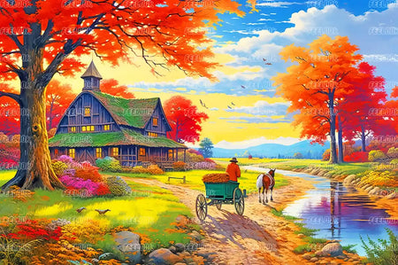 Diamond painting kit featuring autumn forest, horse cart, and home in full drill round diamonds.