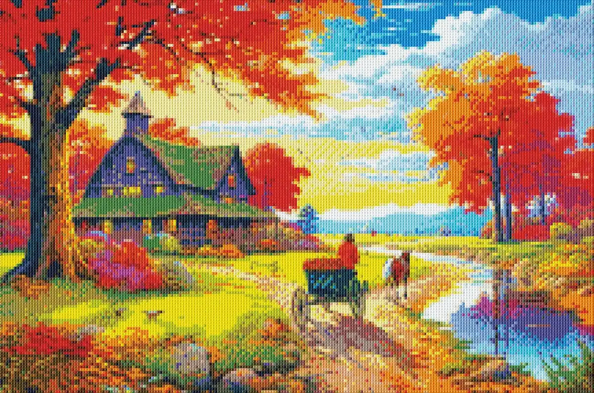 Tranquil fall trail diamond art with golden leaves, cottage, and carriage.
