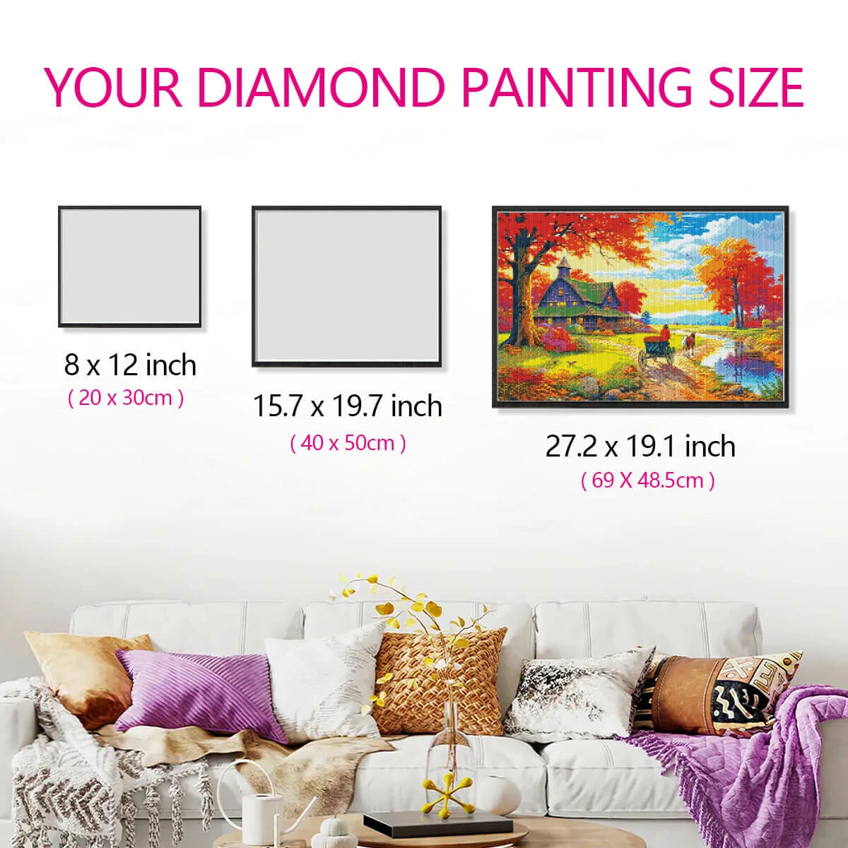 Size reference of autumn-themed diamond painting canvas for adults.