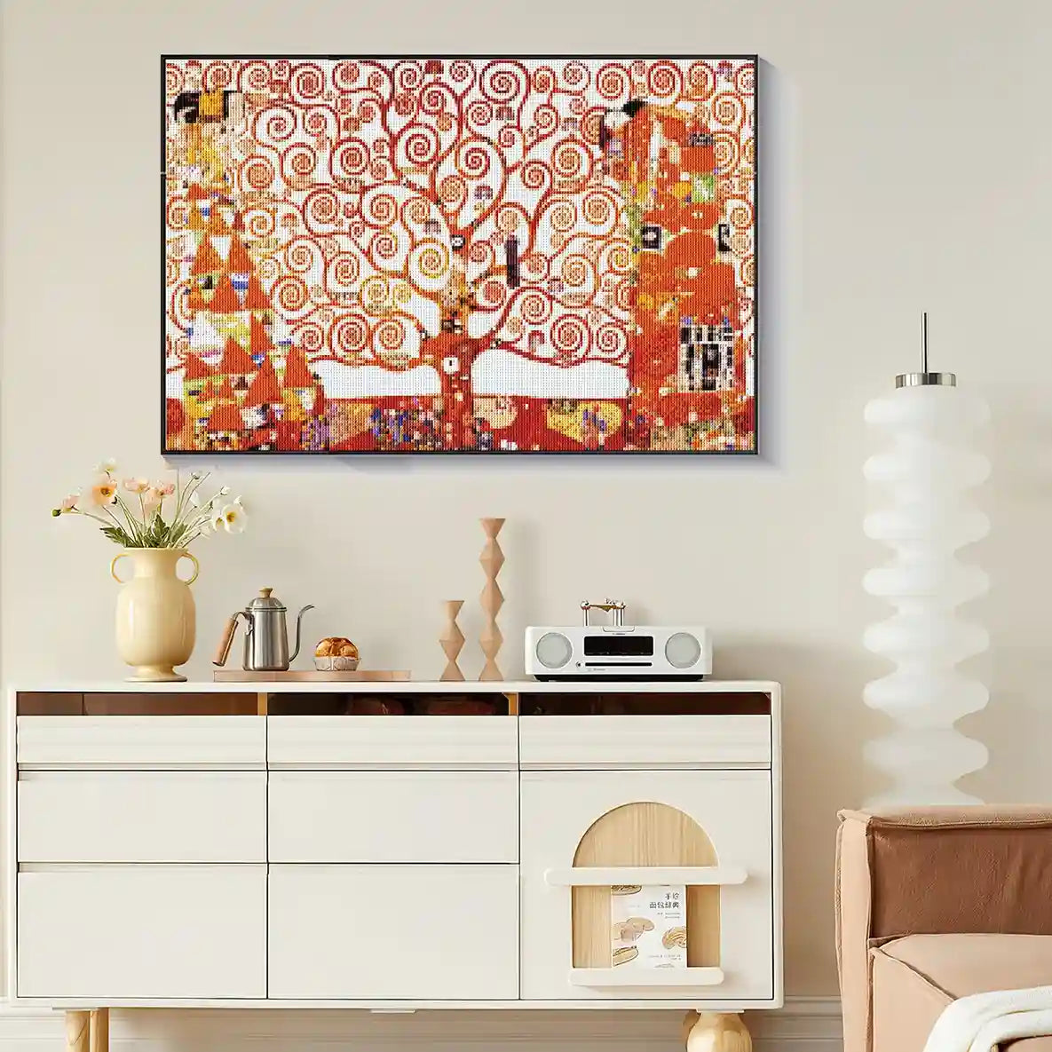 Spiritual diamond painting of Tree of Life framed in peaceful living area.