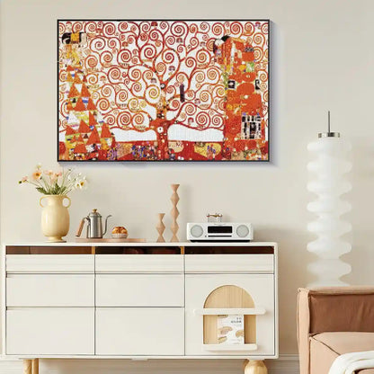 Spiritual diamond painting of Tree of Life framed in peaceful living area.
