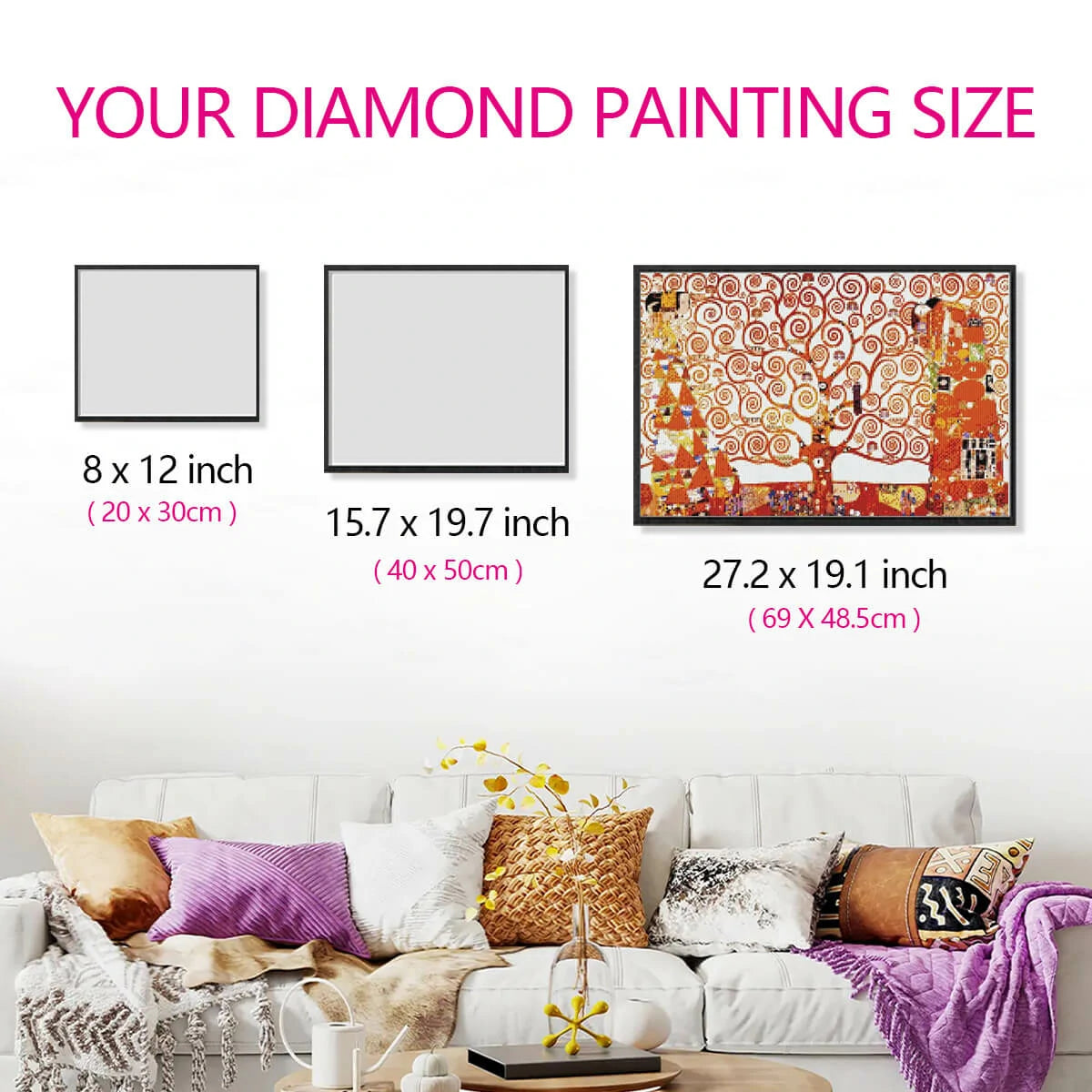 Canvas size comparison for Tree of Life full drill diamond painting.