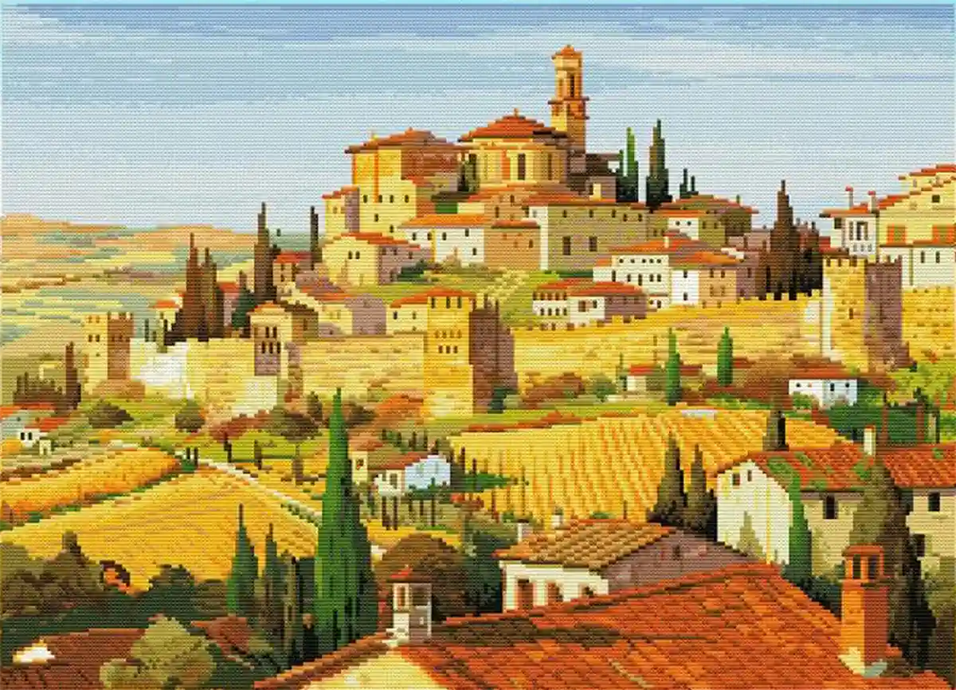 Finished Tuscan Twilight diamond art showing detailed Tuscan hills, vineyards, and warm evening light – FEELOOK Art