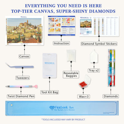 Diamond painting kit contents for Tuscan Twilight including pen, tray, wax, and resin drills – FEELOOK Art