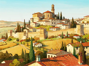 Tuscan Twilight diamond painting featuring Italian countryside village under golden sunset – FEELOOK Art