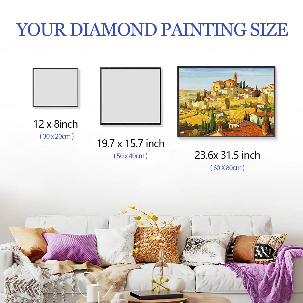Tuscan Twilight diamond painting framed and displayed above wooden console with size labels – FEELOOK Art